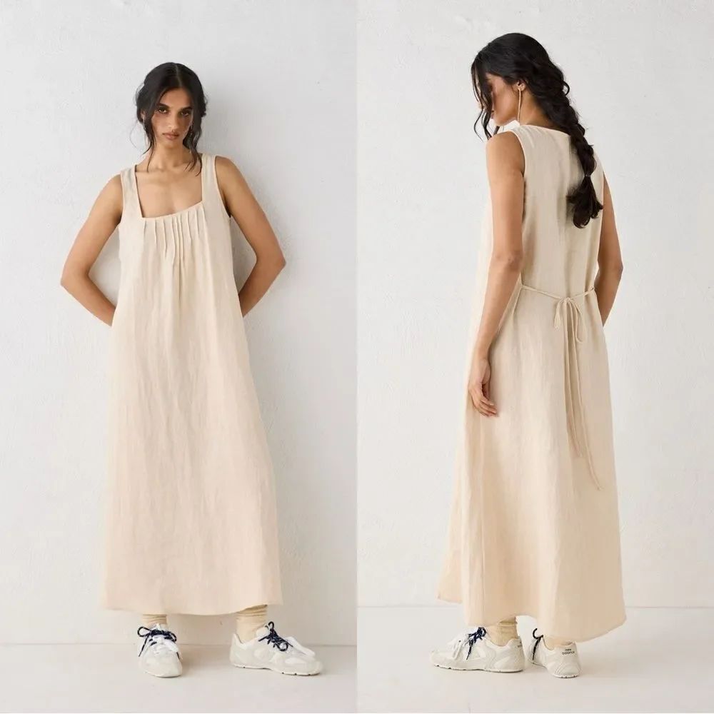 NWT VRG GRL SAN PAOLO SMOCK LINEN MIDI DRESS NATURAL